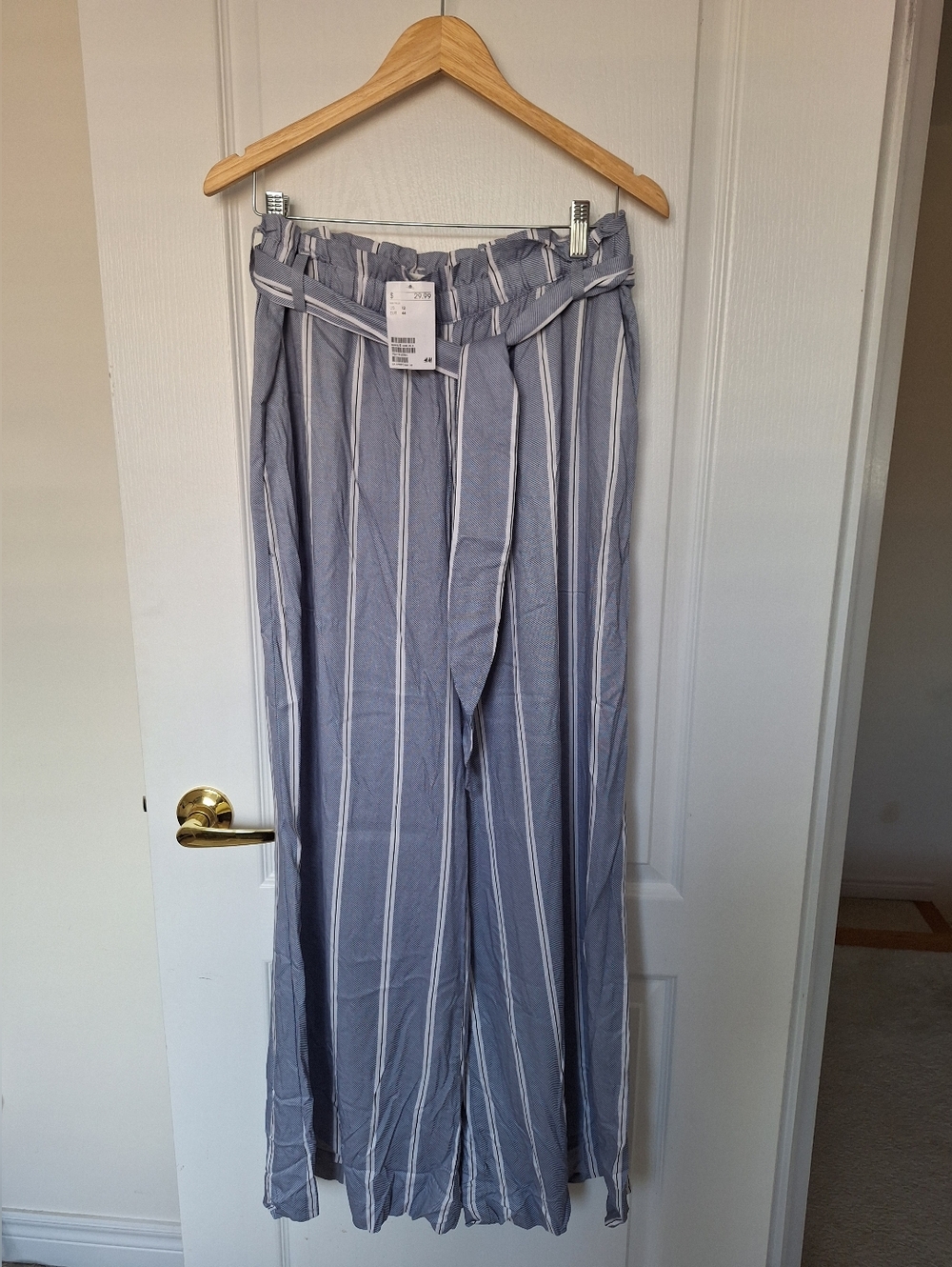 H + M Blue And White Striped Wide Leg Lightweight Summer Paperbag Waist Pant 12